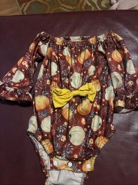 Girls Rust Pumpkin Print Off-Shoulder Romper with Yellow Bow